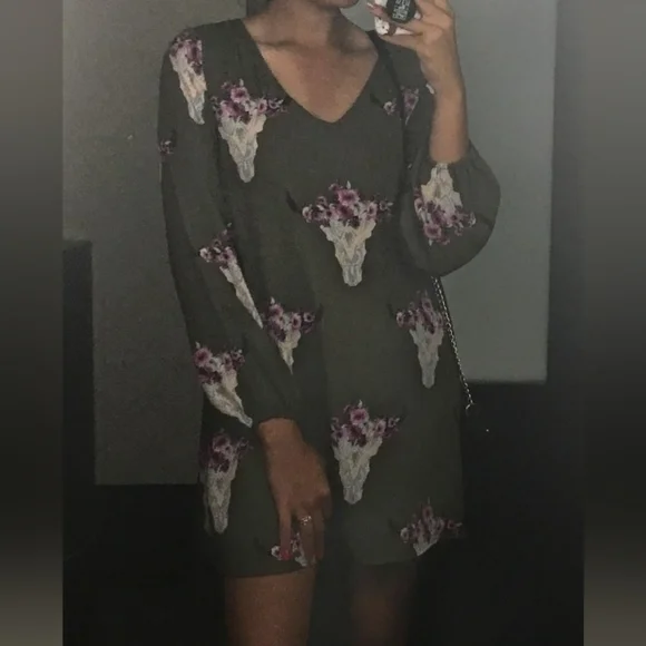 Altar'd State - Olive Green Dress w/ Purple/Pink Floral Skull Print - Picture 10 of 10